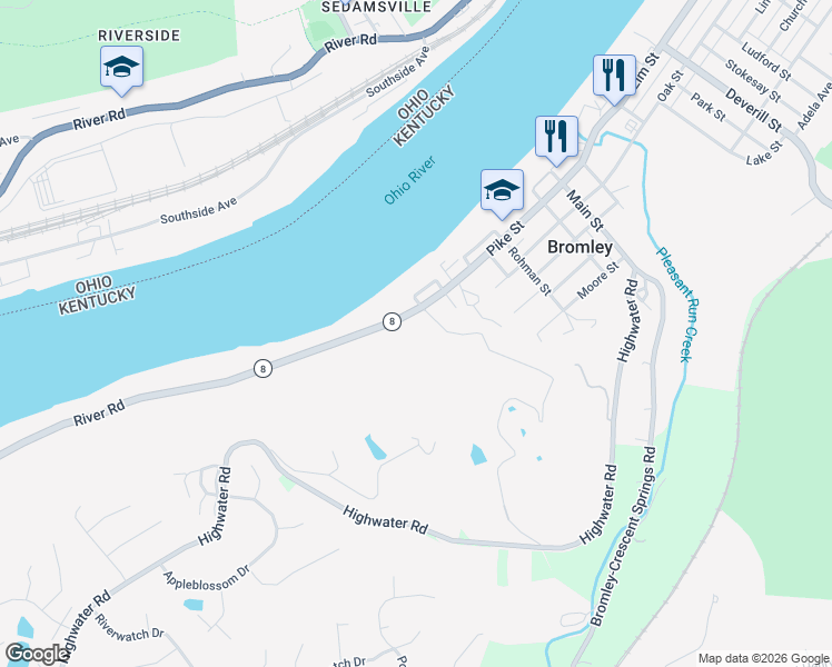 map of restaurants, bars, coffee shops, grocery stores, and more near 431 River Road in Bromley