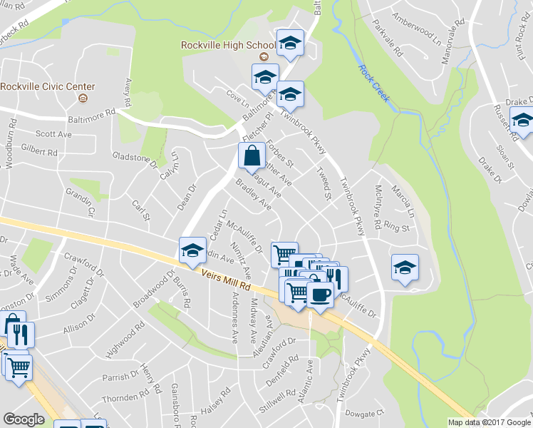 map of restaurants, bars, coffee shops, grocery stores, and more near 1627 Marshall Avenue in Rockville