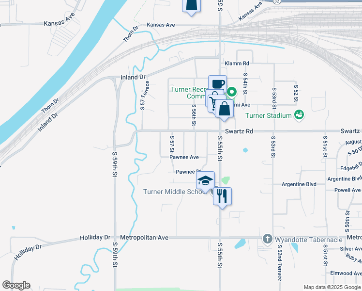 map of restaurants, bars, coffee shops, grocery stores, and more near 1026 South 56th Terrace in Kansas City
