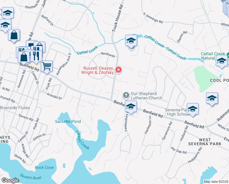 map of restaurants, bars, coffee shops, grocery stores, and more near 12 Truck House Road in Severna Park