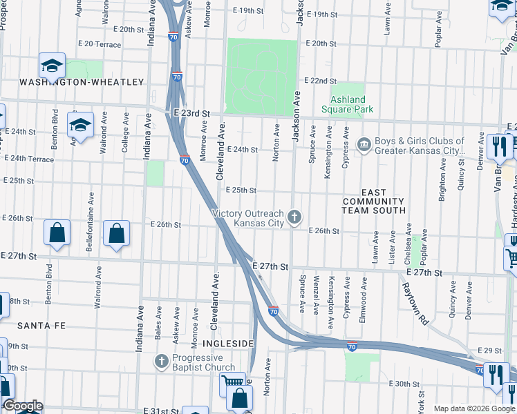 map of restaurants, bars, coffee shops, grocery stores, and more near 2519 Myrtle Avenue in Kansas City