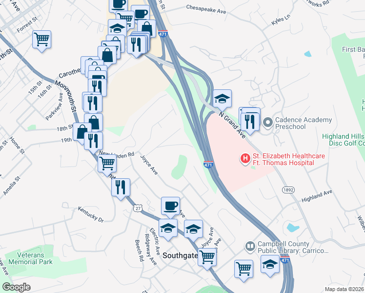 map of restaurants, bars, coffee shops, grocery stores, and more near 26 Laycock Lane in Newport