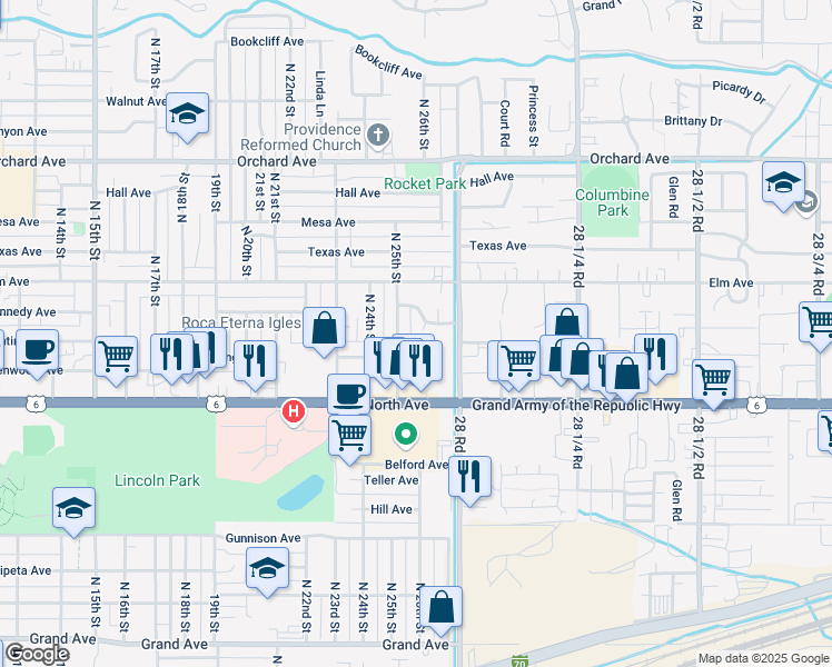 map of restaurants, bars, coffee shops, grocery stores, and more near 2601 Kennedy Court in Grand Junction