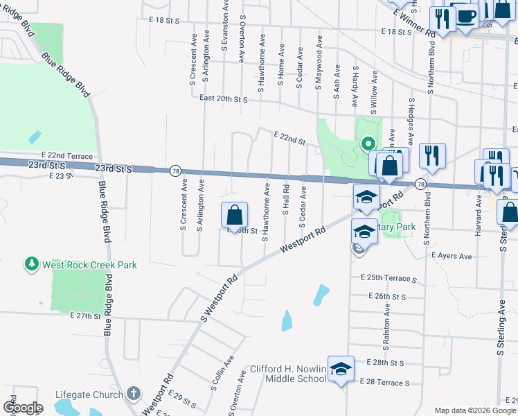 map of restaurants, bars, coffee shops, grocery stores, and more near 2320 South Hawthorne Avenue in Independence
