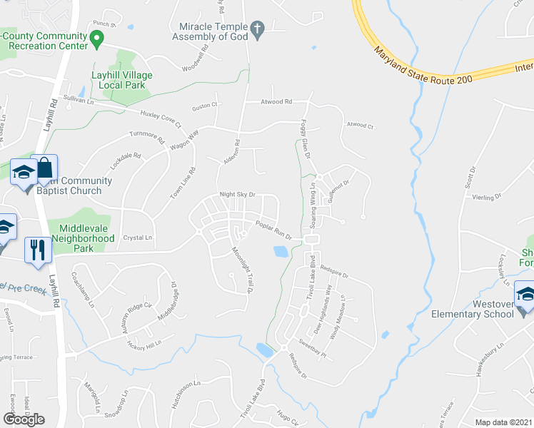 map of restaurants, bars, coffee shops, grocery stores, and more near 13609 Early Light Lane in Silver Spring