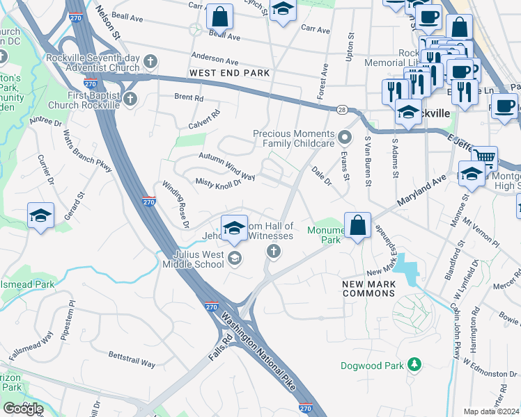map of restaurants, bars, coffee shops, grocery stores, and more near 2 Snowmound Court in Rockville
