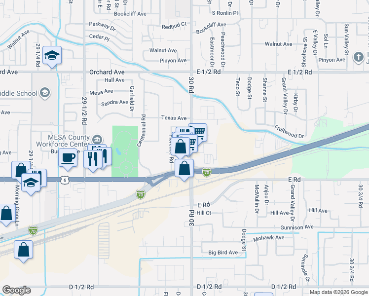 map of restaurants, bars, coffee shops, grocery stores, and more near 513 30 Road in Grand Junction