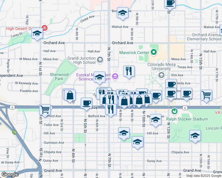 map of restaurants, bars, coffee shops, grocery stores, and more near 1300 North 7th Street in Grand Junction
