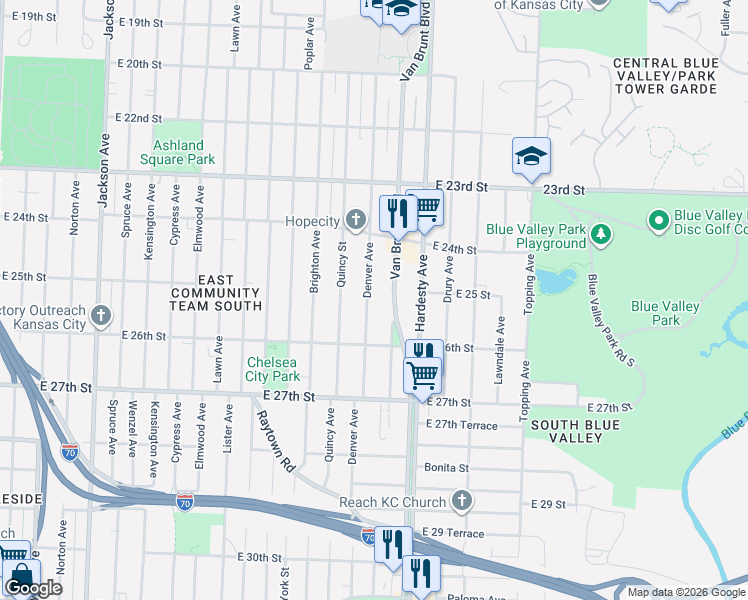 map of restaurants, bars, coffee shops, grocery stores, and more near 2462 Denver Avenue in Kansas City