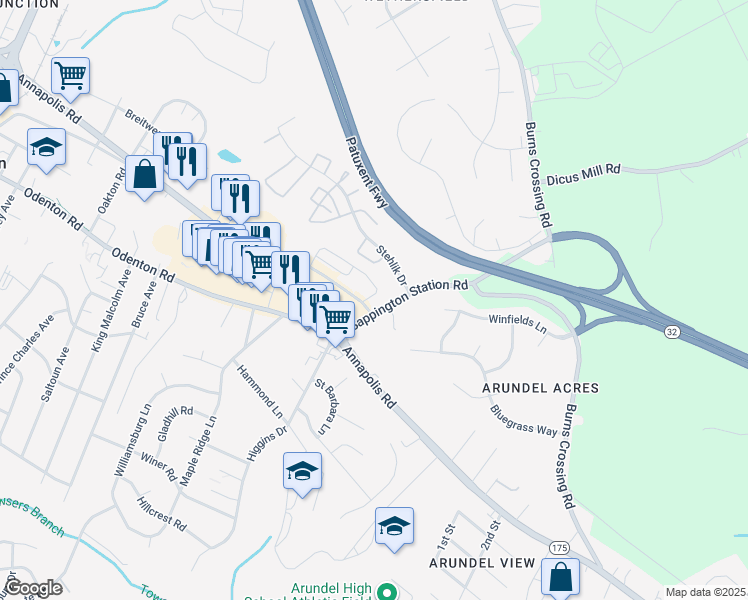 map of restaurants, bars, coffee shops, grocery stores, and more near 615 Carlton Otto Lane in Odenton