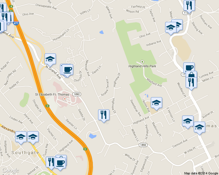 map of restaurants, bars, coffee shops, grocery stores, and more near 50 Azalea Terrace in Fort Thomas