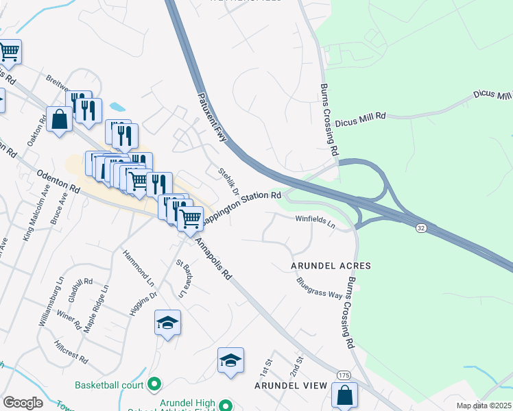 map of restaurants, bars, coffee shops, grocery stores, and more near 1540 Winfields Lane in Gambrills