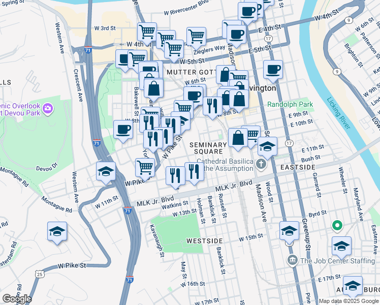 map of restaurants, bars, coffee shops, grocery stores, and more near 274 West Robbins Street in Covington