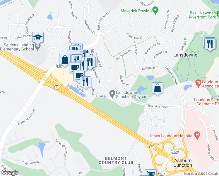map of restaurants, bars, coffee shops, grocery stores, and more near 19400 Susquehanna Square in Leesburg