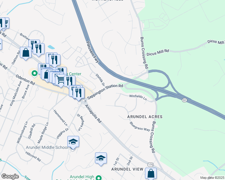 map of restaurants, bars, coffee shops, grocery stores, and more near 1540 Winfields Lane in Gambrills