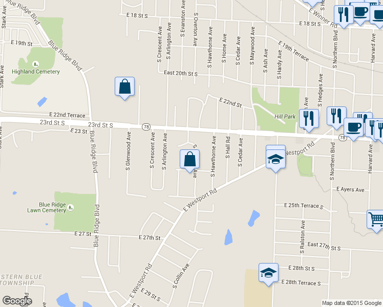 map of restaurants, bars, coffee shops, grocery stores, and more near 2410 S Overton Ave in Independence