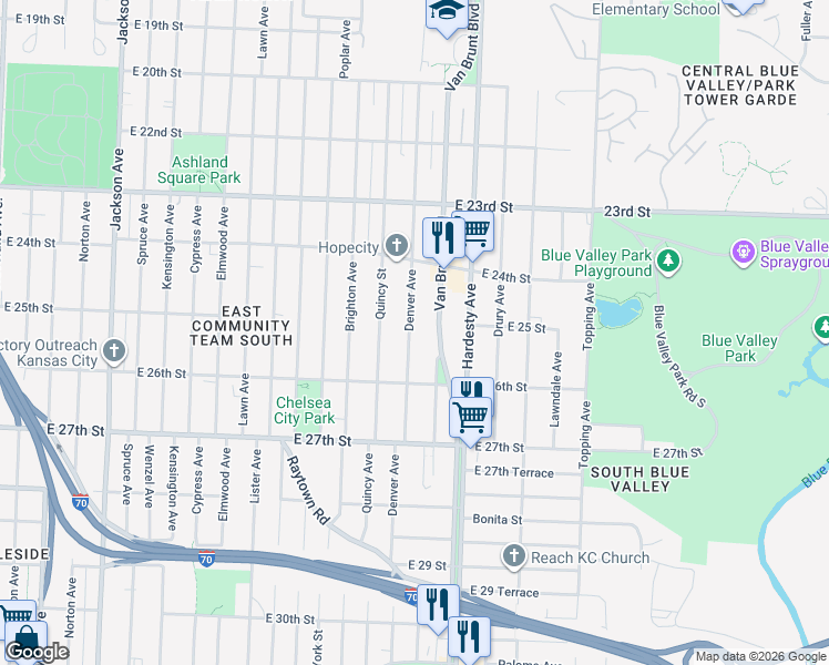 map of restaurants, bars, coffee shops, grocery stores, and more near 2462 Denver Avenue in Kansas City