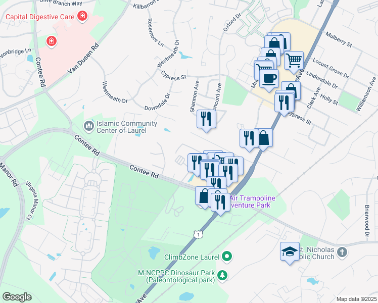 map of restaurants, bars, coffee shops, grocery stores, and more near 7840 Contee Road in Laurel