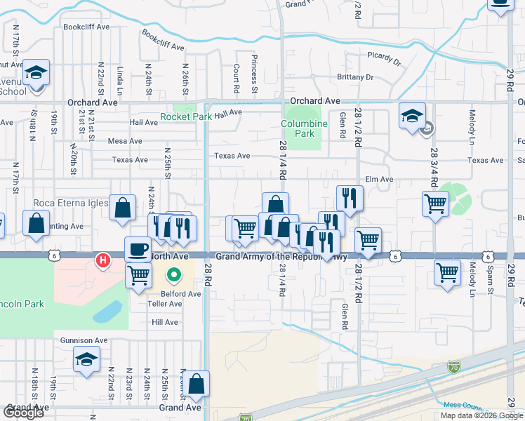 map of restaurants, bars, coffee shops, grocery stores, and more near 506 Eastgate Court in Grand Junction