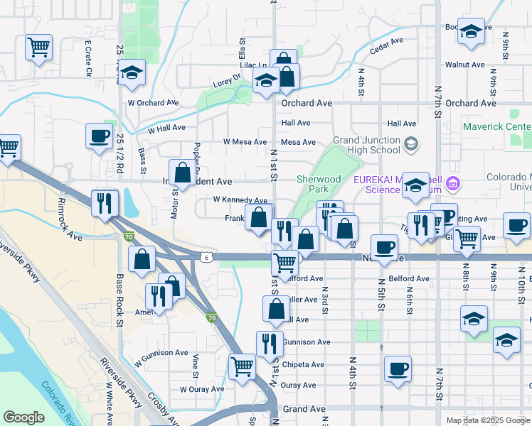 map of restaurants, bars, coffee shops, grocery stores, and more near 1309 North 1st Street in Grand Junction