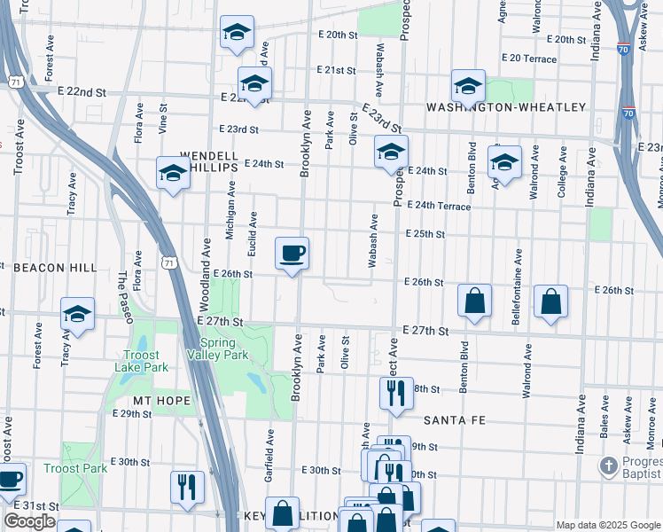 map of restaurants, bars, coffee shops, grocery stores, and more near 2535 Park Avenue in Kansas City