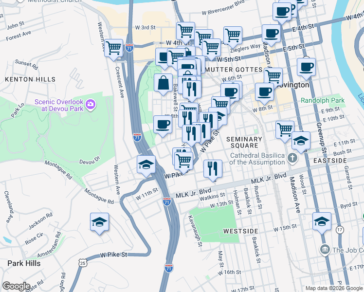 map of restaurants, bars, coffee shops, grocery stores, and more near 917 Main Street in Covington