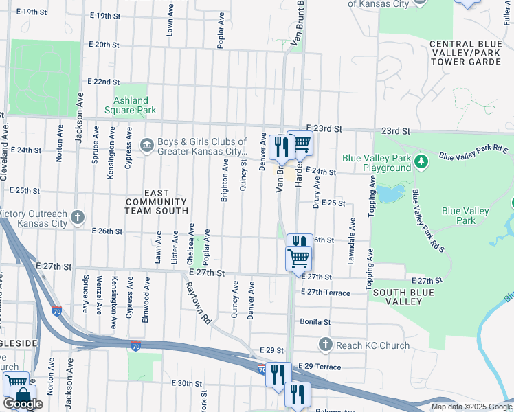 map of restaurants, bars, coffee shops, grocery stores, and more near 2462 Denver Avenue in Kansas City