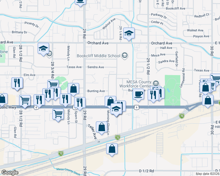 map of restaurants, bars, coffee shops, grocery stores, and more near 516 Morning Glory Lane in Grand Junction