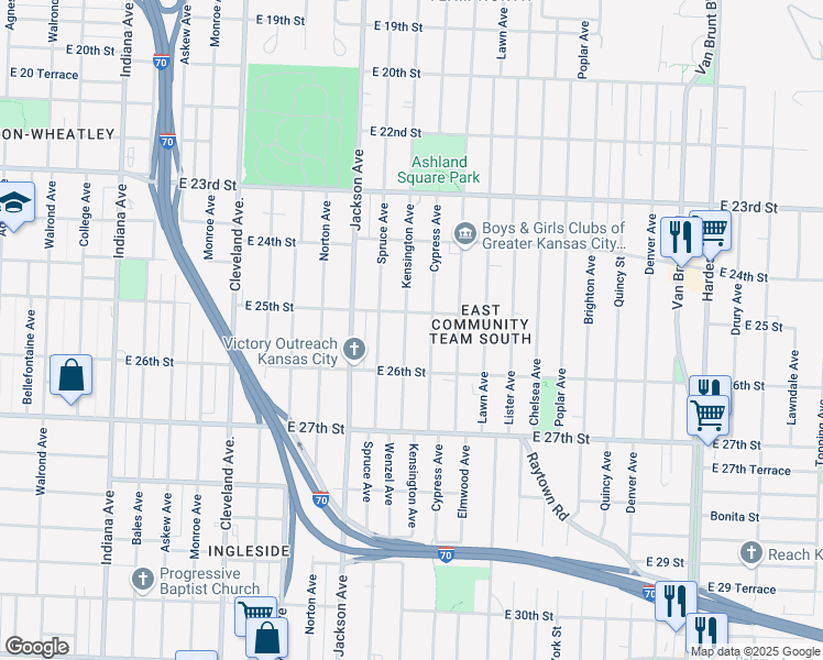 map of restaurants, bars, coffee shops, grocery stores, and more near 2515 Kensington Avenue in Kansas City