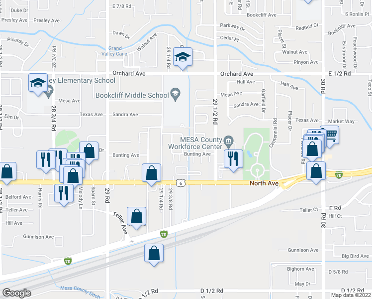 map of restaurants, bars, coffee shops, grocery stores, and more near 512 April Lane in Grand Junction