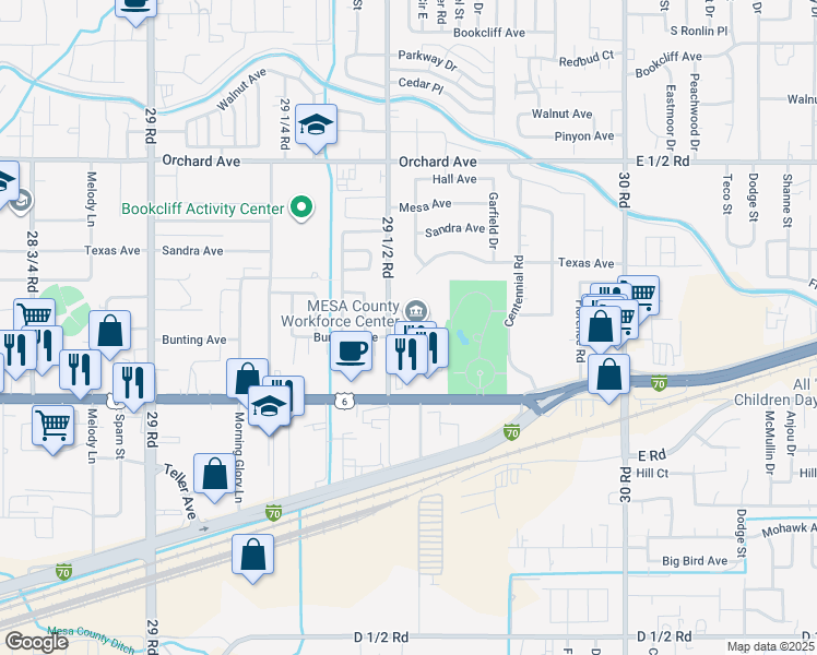 map of restaurants, bars, coffee shops, grocery stores, and more near 512 29 1/2 Road in Grand Junction