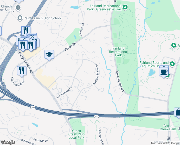 map of restaurants, bars, coffee shops, grocery stores, and more near 3510 Aston Manor Court in Silver Spring
