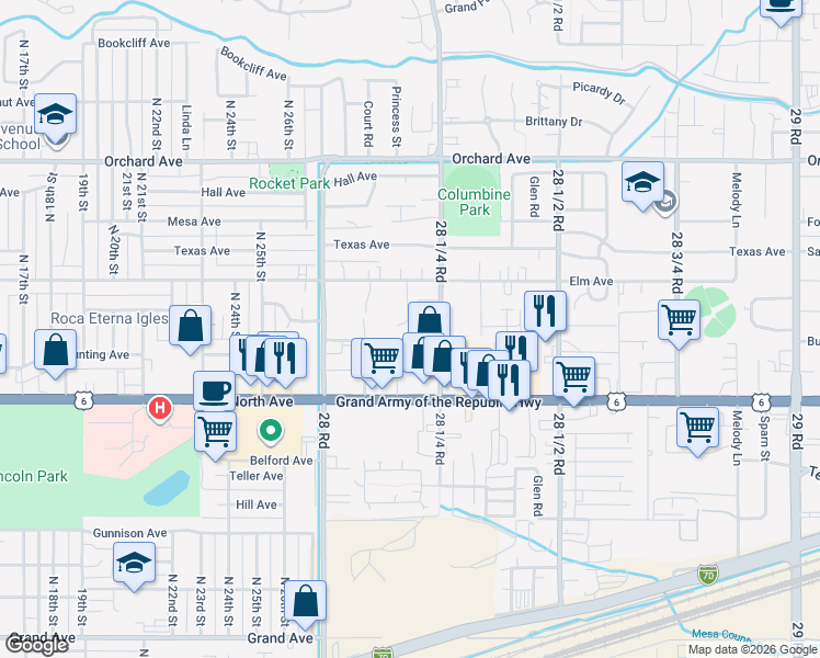 map of restaurants, bars, coffee shops, grocery stores, and more near 506 Eastgate Court in Grand Junction