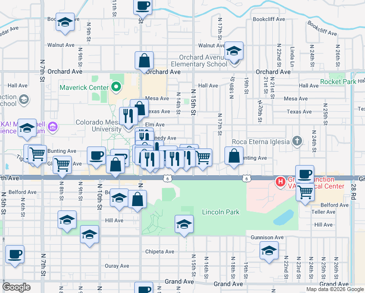 map of restaurants, bars, coffee shops, grocery stores, and more near 1402 Bunting Avenue in Grand Junction