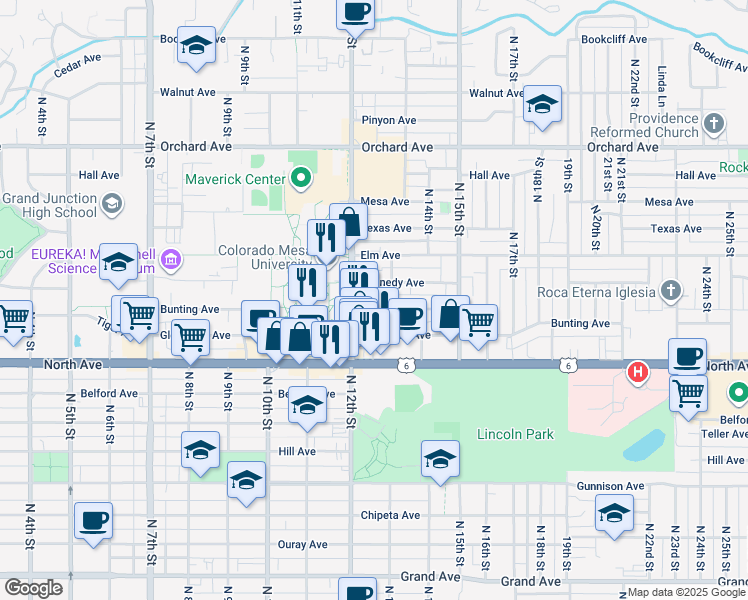 map of restaurants, bars, coffee shops, grocery stores, and more near 1310 North 12th Street in Grand Junction