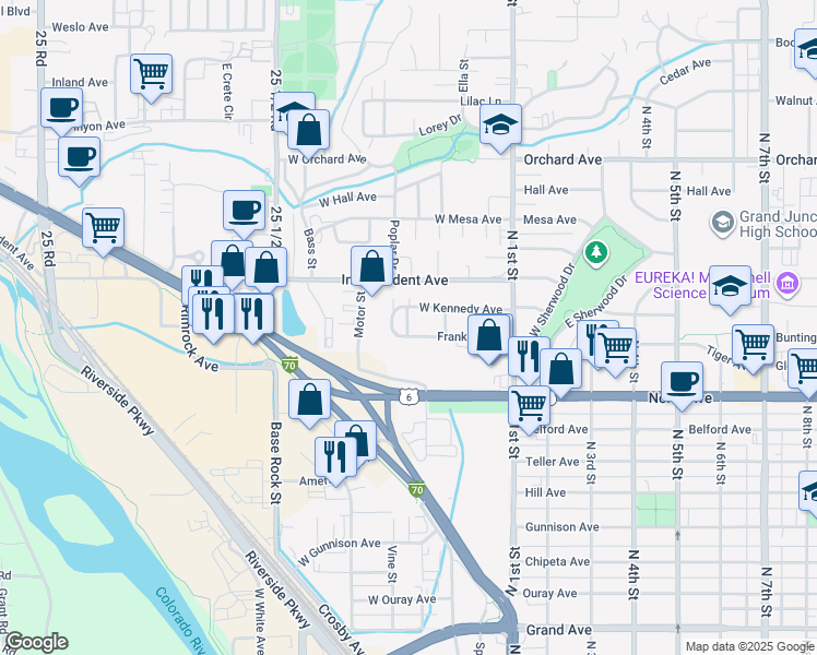 map of restaurants, bars, coffee shops, grocery stores, and more near 358 Franklin Avenue in Grand Junction
