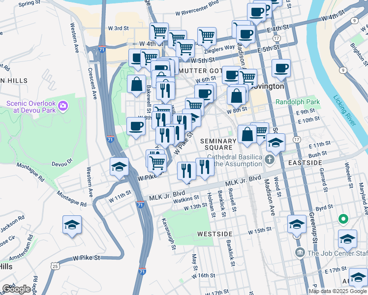 map of restaurants, bars, coffee shops, grocery stores, and more near 337 West Pike Street in Covington