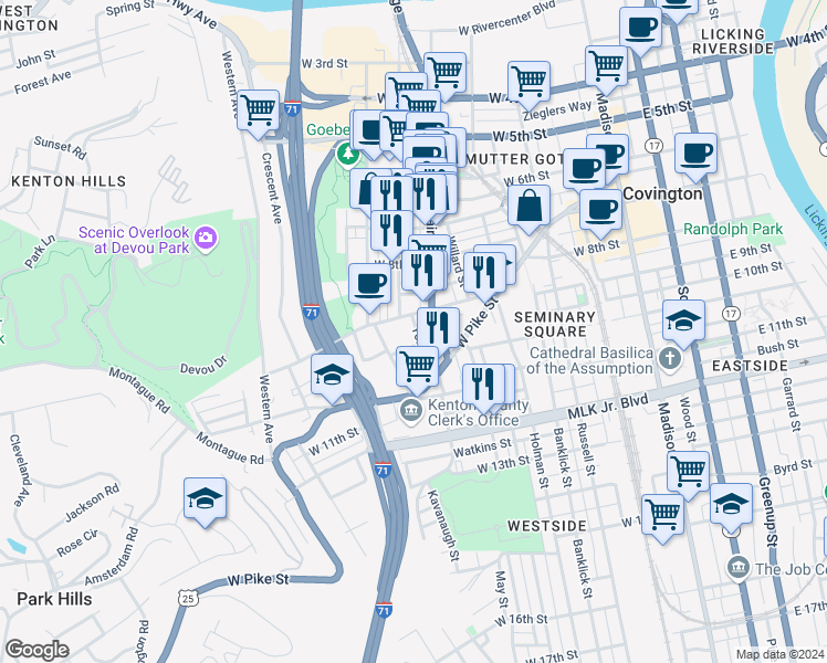 map of restaurants, bars, coffee shops, grocery stores, and more near 917 Main Street in Covington