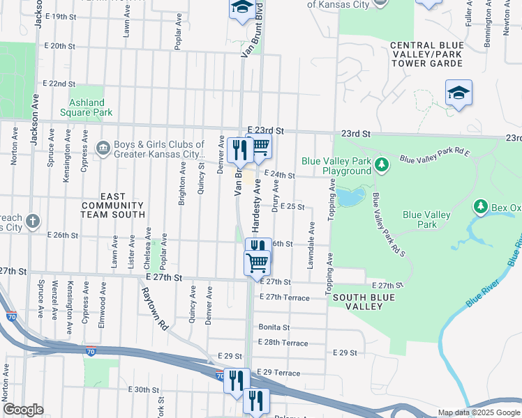 map of restaurants, bars, coffee shops, grocery stores, and more near 5409 East 25 Street in Kansas City