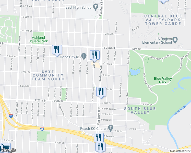 map of restaurants, bars, coffee shops, grocery stores, and more near 2501 Van Brunt Boulevard in Kansas City
