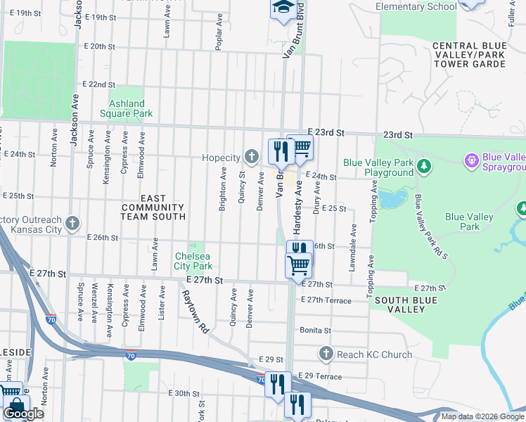 map of restaurants, bars, coffee shops, grocery stores, and more near 2462 Denver Avenue in Kansas City
