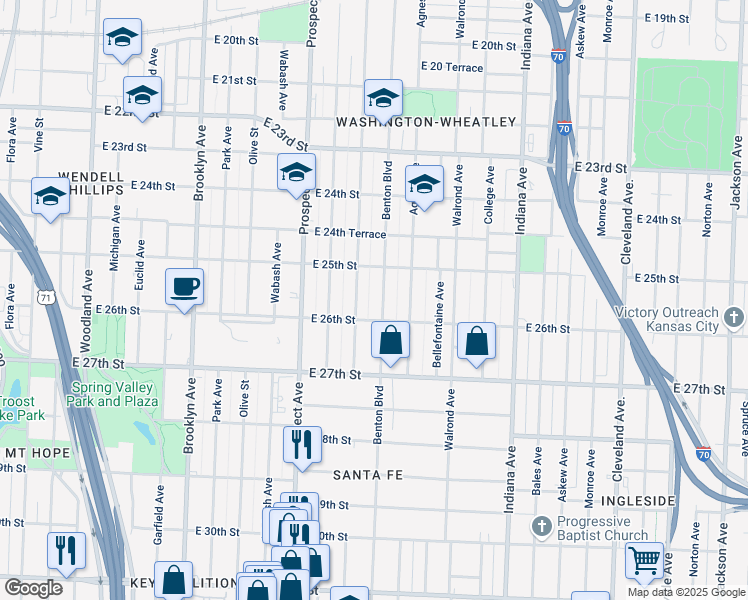 map of restaurants, bars, coffee shops, grocery stores, and more near 2528 Benton Boulevard in Kansas City