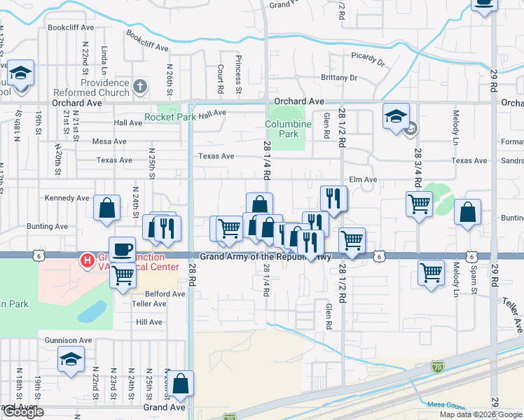 map of restaurants, bars, coffee shops, grocery stores, and more near 515 28 1/4 Road in Grand Junction