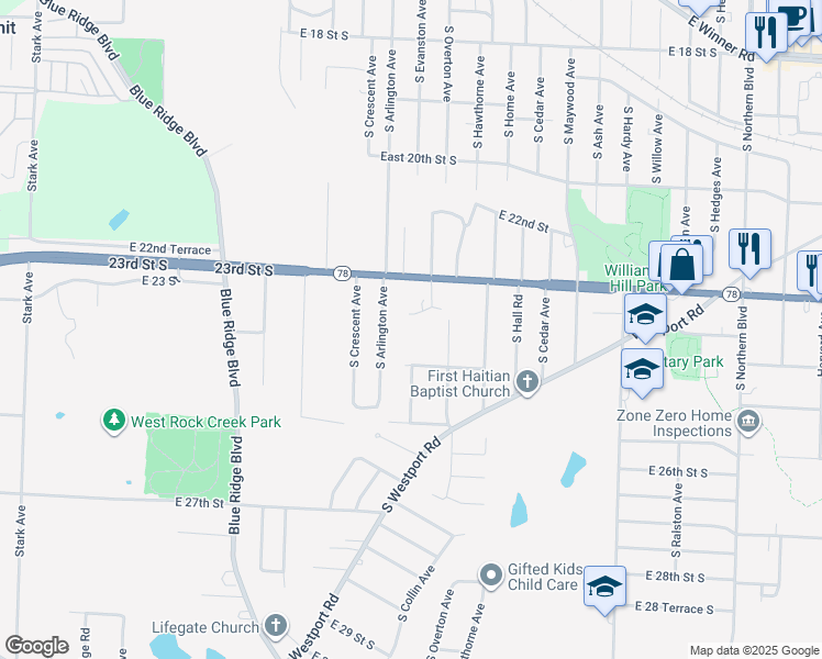 map of restaurants, bars, coffee shops, grocery stores, and more near 9701 East 24th Street South in Independence