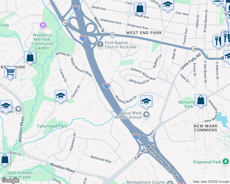 map of restaurants, bars, coffee shops, grocery stores, and more near 532 Winding Rose Drive in Rockville