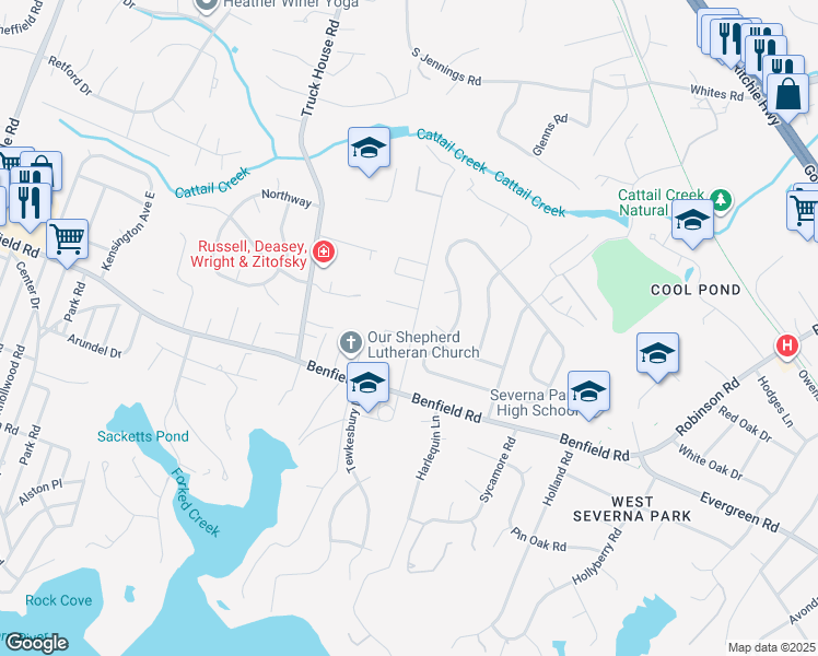 map of restaurants, bars, coffee shops, grocery stores, and more near 534 Saint Martins Lane in Severna Park