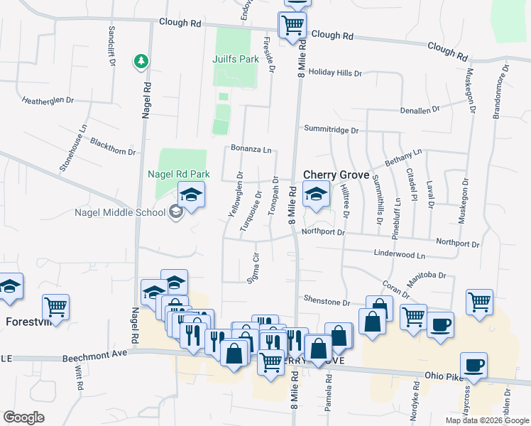 map of restaurants, bars, coffee shops, grocery stores, and more near 1565 Tonopah Drive in Cincinnati
