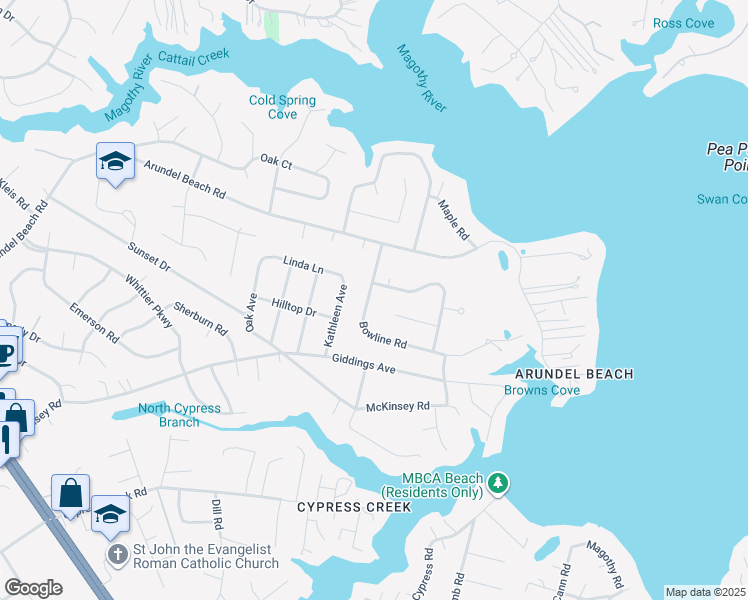 map of restaurants, bars, coffee shops, grocery stores, and more near 537 Bowline Road in Severna Park