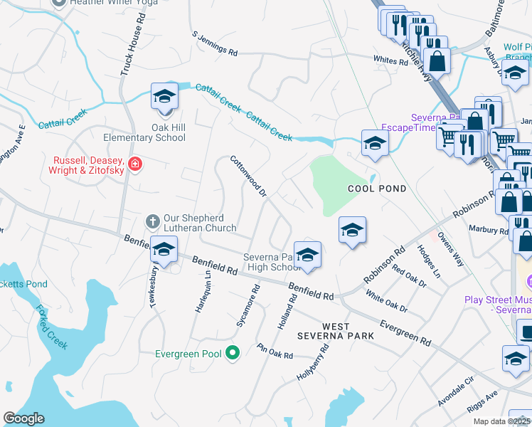 map of restaurants, bars, coffee shops, grocery stores, and more near 309 Balsam Drive in Severna Park