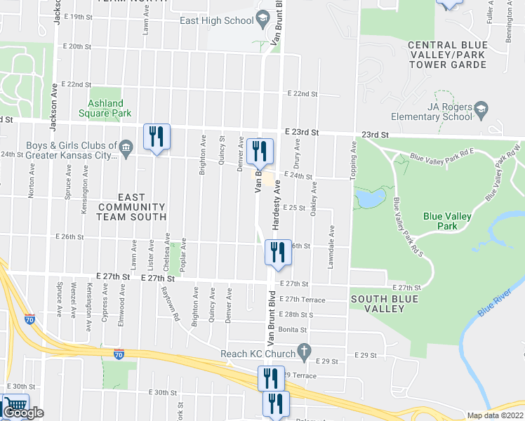 map of restaurants, bars, coffee shops, grocery stores, and more near 2501 Van Brunt Boulevard in Kansas City